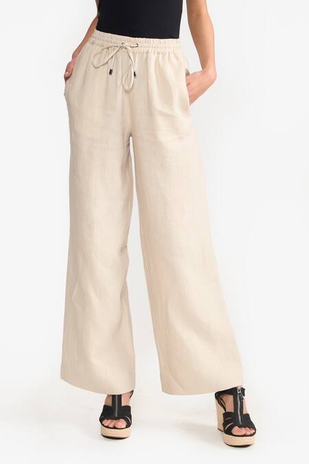 Perona Beige Cotton Solid Amora Trouser Online at Aza Fashions Perona_Beige Cotton Solid Amora Trouser _Online_at_Aza_Fashions