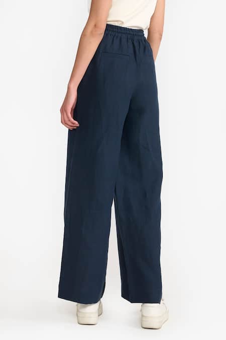 Shop Perona Blue Cotton Solid Amora Flared Trouser at Aza Fashions Shop_Perona_Blue Cotton Solid Amora Flared Trouser _at_Aza_Fashions