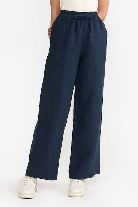 Perona Blue Cotton Solid Amora Flared Trouser Online at Aza Fashions Perona_Blue Cotton Solid Amora Flared Trouser _Online_at_Aza_Fashions