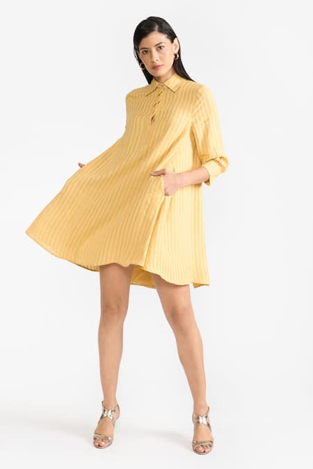 Perona Yellow Cotton Stripe Collared Annabeth Pattern Shirt Dress Online at Aza Fashions Perona_Yellow Cotton Stripe Collared Annabeth Pattern Shirt Dress _Online_at_Aza_Fashions