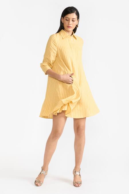 Shop Perona Yellow Cotton Stripe Collared Annabeth Pattern Shirt Dress Shop_Perona_Yellow Cotton Stripe Collared Annabeth Pattern Shirt Dress