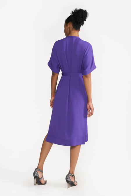 Shop Perona Purple Cotton Solid Band Collar Annie Shirt Dress at Aza Fashions Shop_Perona_Purple Cotton Solid Band Collar Annie Shirt Dress _at_Aza_Fashions