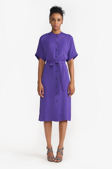 Perona Purple Cotton Solid Band Collar Annie Shirt Dress Online at Aza Fashions Perona_Purple Cotton Solid Band Collar Annie Shirt Dress _Online_at_Aza_Fashions
