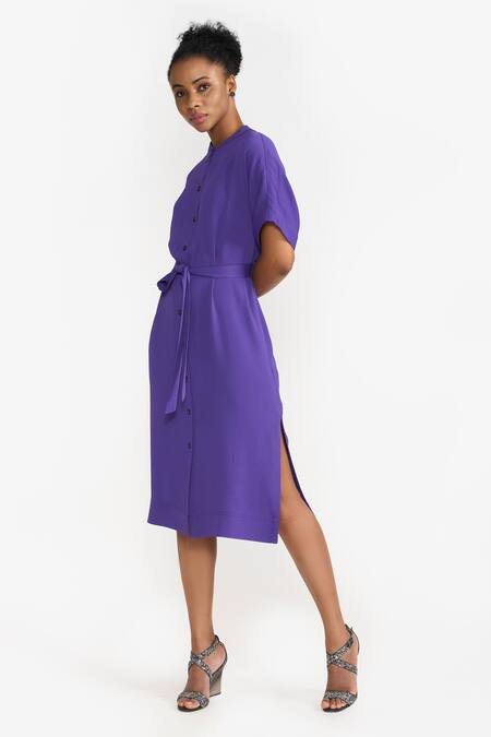 Buy Perona Purple Cotton Solid Band Collar Annie Shirt Dress Online at Aza Fashions Buy_Perona_Purple Cotton Solid Band Collar Annie Shirt Dress _Online_at_Aza_Fashions