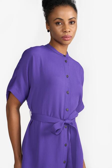 Shop Perona Purple Cotton Solid Band Collar Annie Shirt Dress Online at Aza Fashions Shop_Perona_Purple Cotton Solid Band Collar Annie Shirt Dress _Online_at_Aza_Fashions