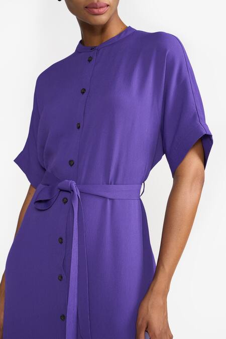 Perona Purple Cotton Solid Band Collar Annie Shirt Dress at Aza Fashions Perona_Purple Cotton Solid Band Collar Annie Shirt Dress _at_Aza_Fashions