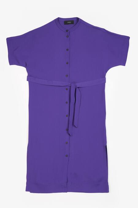 Buy Perona Purple Cotton Solid Band Collar Annie Shirt Dress Buy_Perona_Purple Cotton Solid Band Collar Annie Shirt Dress