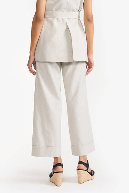 Shop_Perona_Beige Cotton Solid Ariana Straight Trouser _at_Aza_Fashions