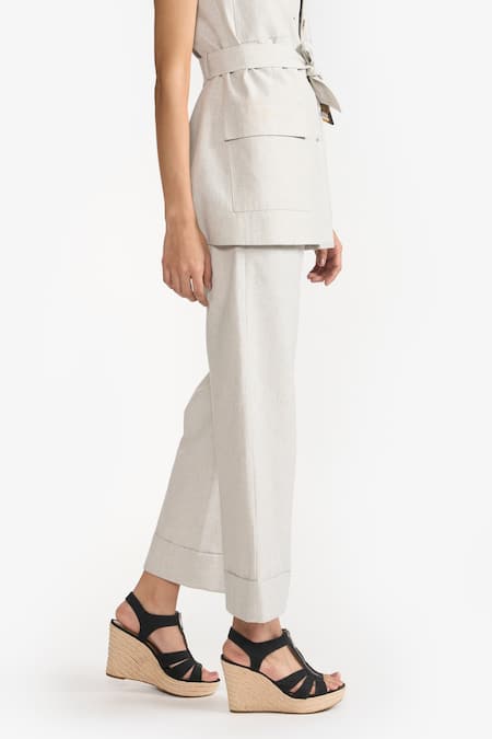 Perona_Beige Cotton Solid Ariana Straight Trouser _Online_at_Aza_Fashions