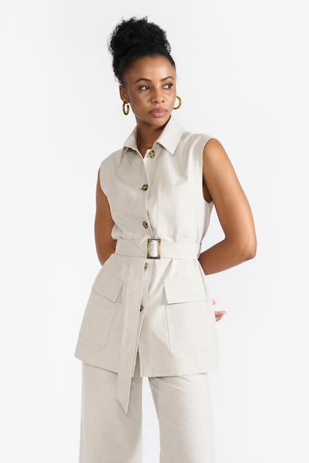 Shop Perona Beige Cotton Solid Collared Ariana Front Pocket Vest at Aza Fashions Shop_Perona_Beige Cotton Solid Collared Ariana Front Pocket Vest _at_Aza_Fashions