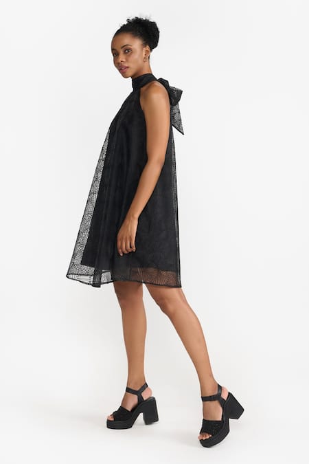 Shop Perona Black Cotton Solid Halter Neck Asahi Dress Shop_Perona_Black Cotton Solid Halter Neck Asahi Dress