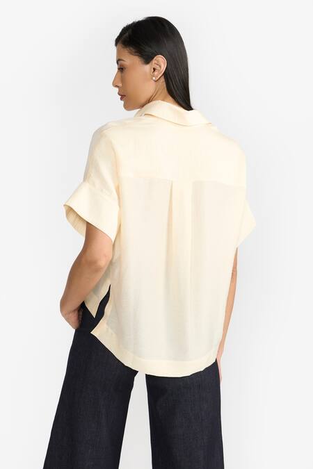 Shop Perona Yellow Cotton Solid Collared Bianca Shirt at Aza Fashions Shop_Perona_Yellow Cotton Solid Collared Bianca Shirt _at_Aza_Fashions