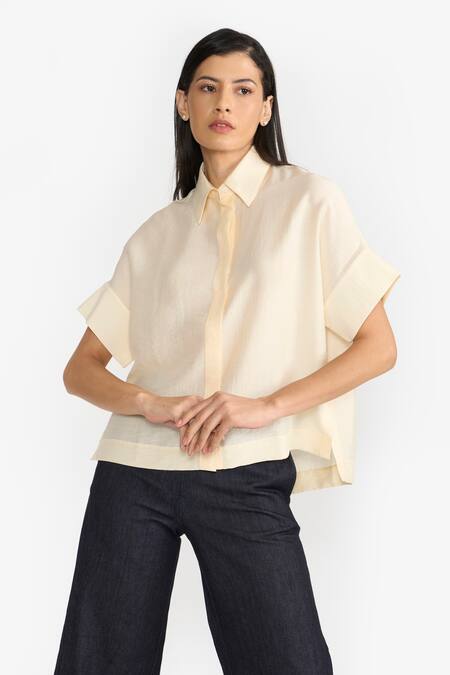 Buy Perona Yellow Cotton Solid Collared Bianca Shirt Online at Aza Fashions Buy_Perona_Yellow Cotton Solid Collared Bianca Shirt _Online_at_Aza_Fashions
