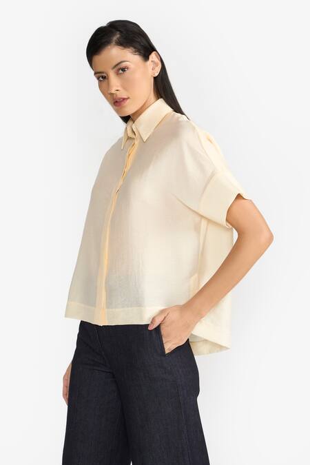 Perona Yellow Cotton Solid Collared Bianca Shirt at Aza Fashions Perona_Yellow Cotton Solid Collared Bianca Shirt _at_Aza_Fashions
