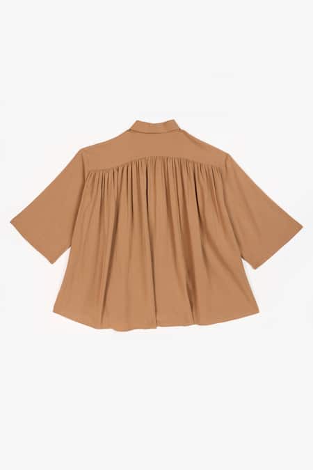 Perona Brown Cotton Solid Collared Blaire Asymmetric Shirt Online at Aza Fashions Perona_Brown Cotton Solid Collared Blaire Asymmetric Shirt_Online_at_Aza_Fashions