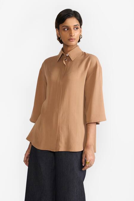 Shop Perona Brown Cotton Solid Collared Blaire Asymmetric Shirt Online at Aza Fashions Shop_Perona_Brown Cotton Solid Collared Blaire Asymmetric Shirt_Online_at_Aza_Fashions