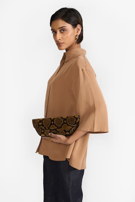 Buy Perona Brown Cotton Solid Collared Blaire Asymmetric Shirt Buy_Perona_Brown Cotton Solid Collared Blaire Asymmetric Shirt