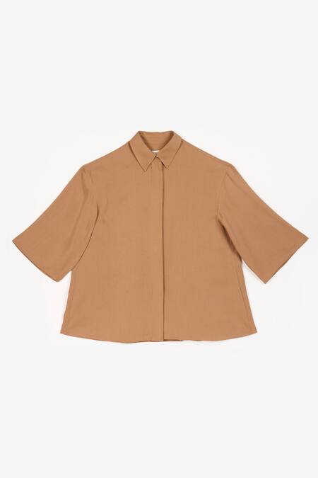 Shop Perona Brown Cotton Solid Collared Blaire Asymmetric Shirt Shop_Perona_Brown Cotton Solid Collared Blaire Asymmetric Shirt