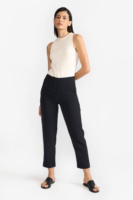 Perona Blue Cotton Solid Camille Trouser at Aza Fashions Perona_Blue Cotton Solid Camille Trouser _at_Aza_Fashions