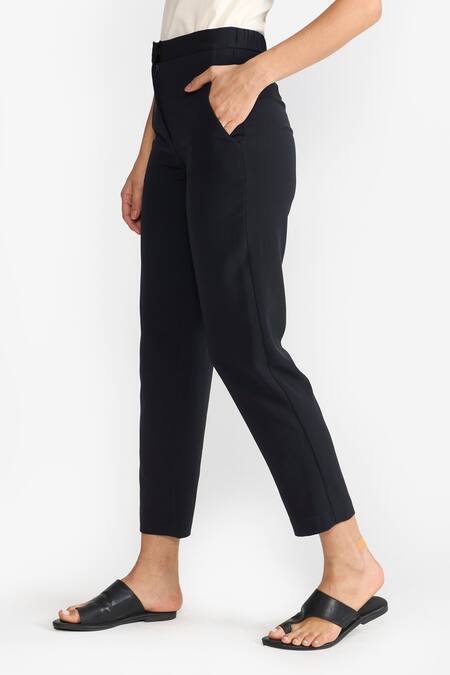Shop Perona Blue Cotton Solid Camille Trouser Shop_Perona_Blue Cotton Solid Camille Trouser