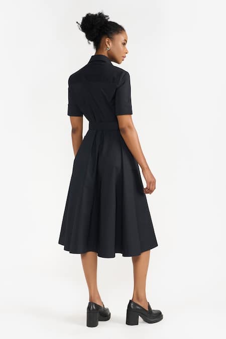 Shop Perona Black Cotton Solid Collared Ciara Side Slit Dress at Aza Fashions Shop_Perona_Black Cotton Solid Collared Ciara Side Slit Dress _at_Aza_Fashions
