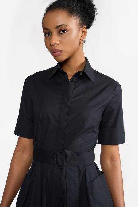 Shop Perona Black Cotton Solid Collared Ciara Side Slit Dress Online at Aza Fashions Shop_Perona_Black Cotton Solid Collared Ciara Side Slit Dress _Online_at_Aza_Fashions