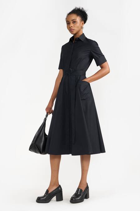 Perona Black Cotton Solid Collared Ciara Side Slit Dress at Aza Fashions Perona_Black Cotton Solid Collared Ciara Side Slit Dress _at_Aza_Fashions