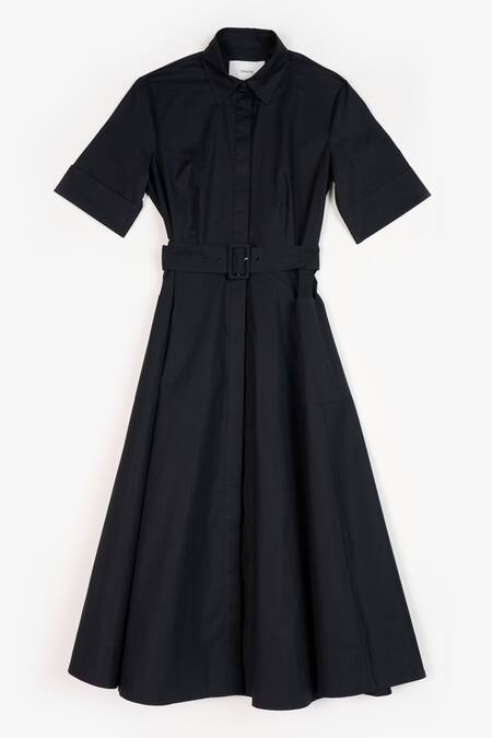 Shop Perona Black Cotton Solid Collared Ciara Side Slit Dress Shop_Perona_Black Cotton Solid Collared Ciara Side Slit Dress