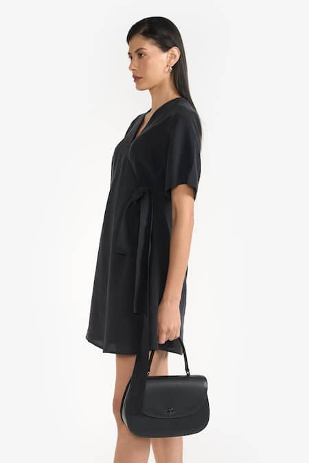 Shop Perona Black Cotton Solid V Neck Clara Tie-up Waist Dress Online at Aza Fashions Shop_Perona_Black Cotton Solid V Neck Clara Tie-up Waist Dress _Online_at_Aza_Fashions