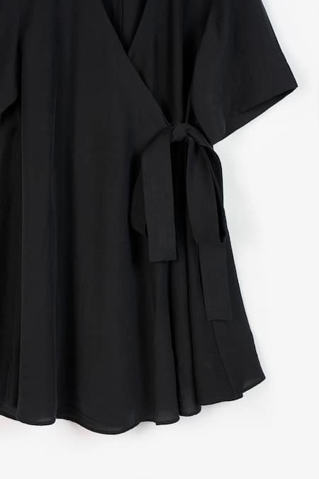 Shop Perona Black Cotton Solid V Neck Clara Tie-up Waist Dress Shop_Perona_Black Cotton Solid V Neck Clara Tie-up Waist Dress
