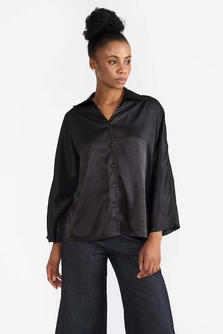 Buy_Perona_Black Cotton Solid Collared Cynthia Shirt _Online_at_Aza_Fashions