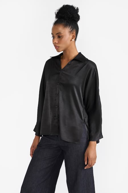 Shop_Perona_Black Cotton Solid Collared Cynthia Shirt _Online_at_Aza_Fashions