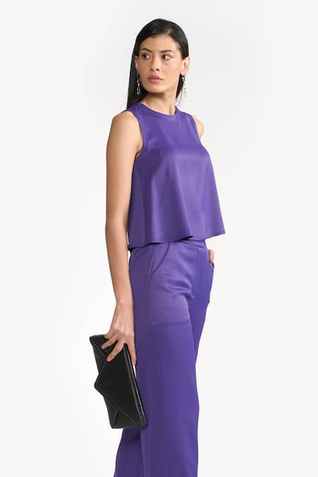 Shop Perona Purple Cotton Solid Round Elina A-line Top Online at Aza Fashions Shop_Perona_Purple Cotton Solid Round Elina A-line Top _Online_at_Aza_Fashions