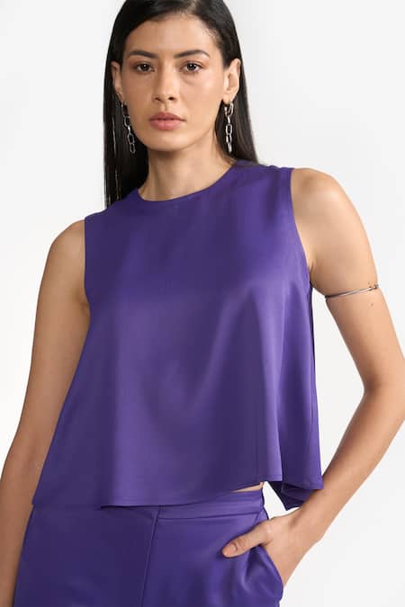 Perona Purple Cotton Solid Round Elina A-line Top at Aza Fashions Perona_Purple Cotton Solid Round Elina A-line Top _at_Aza_Fashions