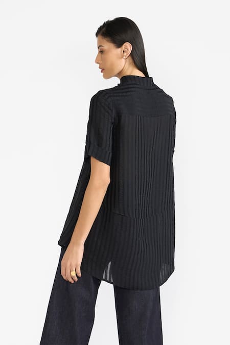 Shop Perona Black Cotton Stripe Band Collar Elsa Pattern Shirt at Aza Fashions Shop_Perona_Black Cotton Stripe Band Collar Elsa Pattern Shirt _at_Aza_Fashions