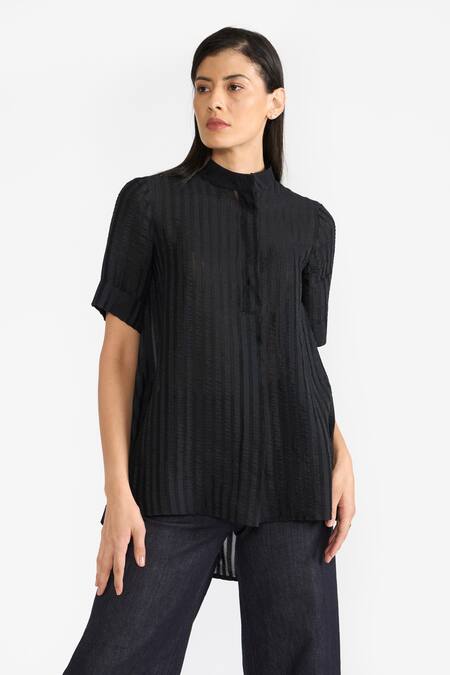 Perona Black Cotton Stripe Band Collar Elsa Pattern Shirt Online at Aza Fashions Perona_Black Cotton Stripe Band Collar Elsa Pattern Shirt _Online_at_Aza_Fashions
