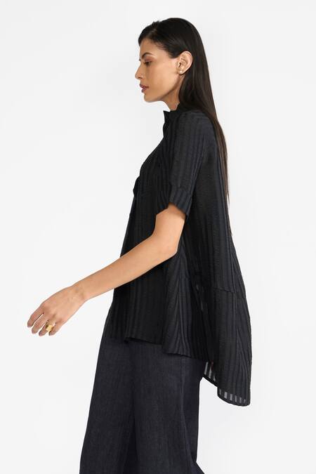 Buy Perona Black Cotton Stripe Band Collar Elsa Pattern Shirt Online at Aza Fashions Buy_Perona_Black Cotton Stripe Band Collar Elsa Pattern Shirt _Online_at_Aza_Fashions