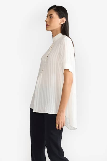 Shop Perona White Cotton Stripe Band Collar Elsa Pattern Asymmetric Shirt at Aza Fashions Shop_Perona_White Cotton Stripe Band Collar Elsa Pattern Asymmetric Shirt _at_Aza_Fashions