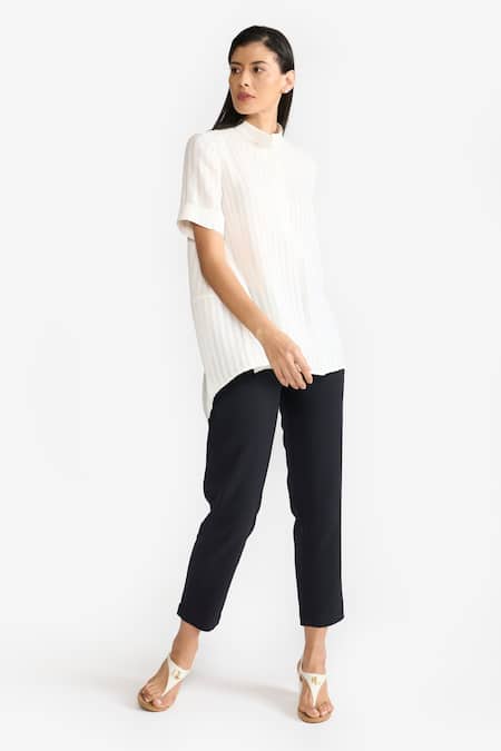 Perona White Cotton Stripe Band Collar Elsa Pattern Asymmetric Shirt Online at Aza Fashions Perona_White Cotton Stripe Band Collar Elsa Pattern Asymmetric Shirt _Online_at_Aza_Fashions