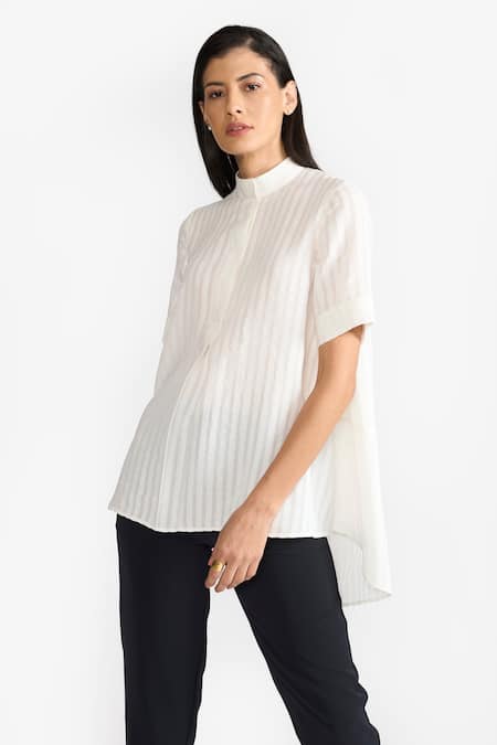Buy Perona White Cotton Stripe Band Collar Elsa Pattern Asymmetric Shirt Online at Aza Fashions Buy_Perona_White Cotton Stripe Band Collar Elsa Pattern Asymmetric Shirt _Online_at_Aza_Fashions