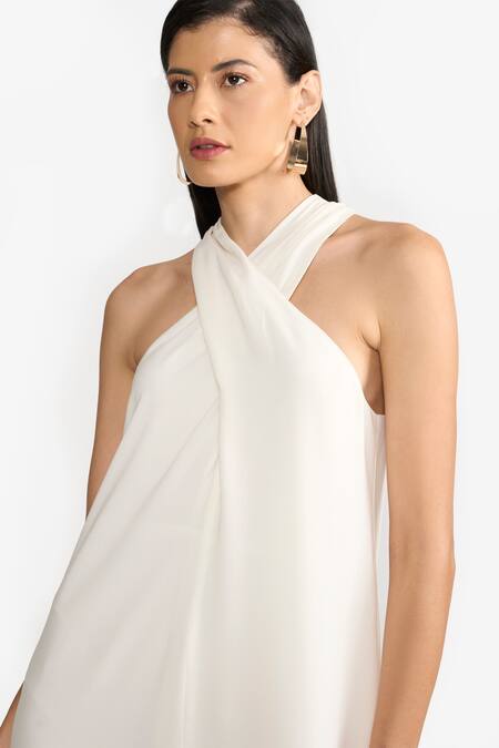 Shop Perona Ivory Cotton Solid Twisted Halter Neck Estrella Maxi Dress Online at Aza Fashions Shop_Perona_Ivory Cotton Solid Twisted Halter Neck Estrella Maxi Dress _Online_at_Aza_Fashions