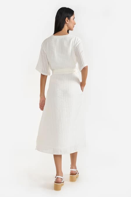 Perona White Cotton Stripe V Neck Etsu Detailed Midi Dress Online at Aza Fashions Perona_White Cotton Stripe V Neck Etsu Detailed Midi Dress _Online_at_Aza_Fashions