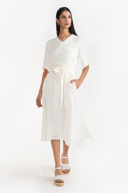 Shop Perona White Cotton Stripe V Neck Etsu Detailed Midi Dress Online at Aza Fashions Shop_Perona_White Cotton Stripe V Neck Etsu Detailed Midi Dress _Online_at_Aza_Fashions