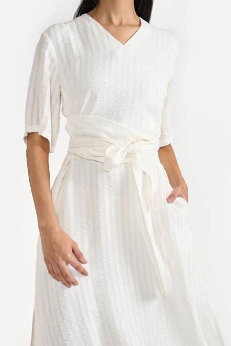 Buy Perona White Cotton Stripe V Neck Etsu Detailed Midi Dress Buy_Perona_White Cotton Stripe V Neck Etsu Detailed Midi Dress
