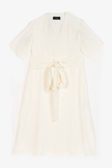 Shop Perona White Cotton Stripe V Neck Etsu Detailed Midi Dress Shop_Perona_White Cotton Stripe V Neck Etsu Detailed Midi Dress