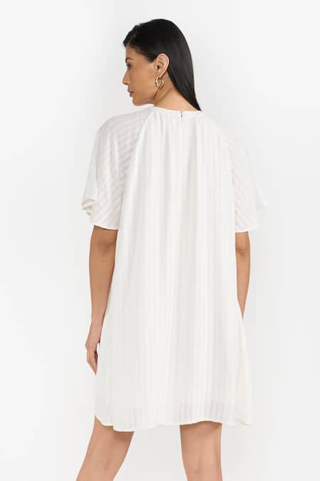 Shop Perona White Cotton Stripe Crew Neck Georgia Bell Sleeve Short Dress at Aza Fashions Shop_Perona_White Cotton Stripe Crew Neck Georgia Bell Sleeve Short Dress _at_Aza_Fashions