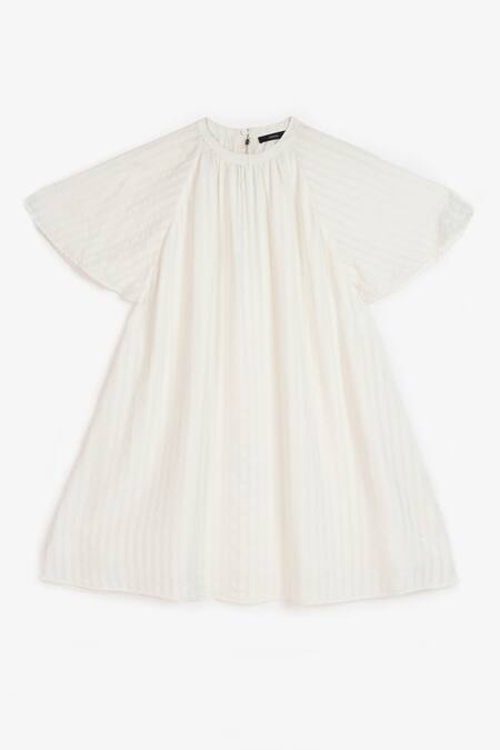 Perona White Cotton Stripe Crew Neck Georgia Bell Sleeve Short Dress Online at Aza Fashions Perona_White Cotton Stripe Crew Neck Georgia Bell Sleeve Short Dress _Online_at_Aza_Fashions