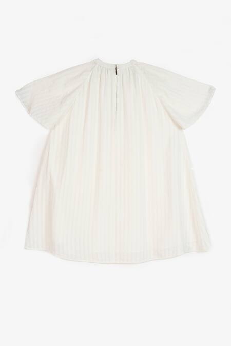 Perona White Cotton Stripe Crew Neck Georgia Bell Sleeve Short Dress at Aza Fashions Perona_White Cotton Stripe Crew Neck Georgia Bell Sleeve Short Dress _at_Aza_Fashions