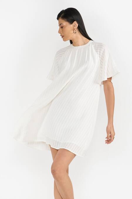 Buy Perona White Cotton Stripe Crew Neck Georgia Bell Sleeve Short Dress Buy_Perona_White Cotton Stripe Crew Neck Georgia Bell Sleeve Short Dress