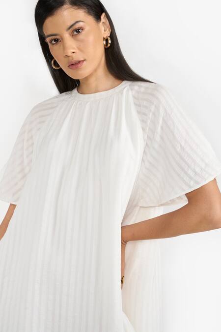 Shop Perona White Cotton Stripe Crew Neck Georgia Bell Sleeve Short Dress Shop_Perona_White Cotton Stripe Crew Neck Georgia Bell Sleeve Short Dress